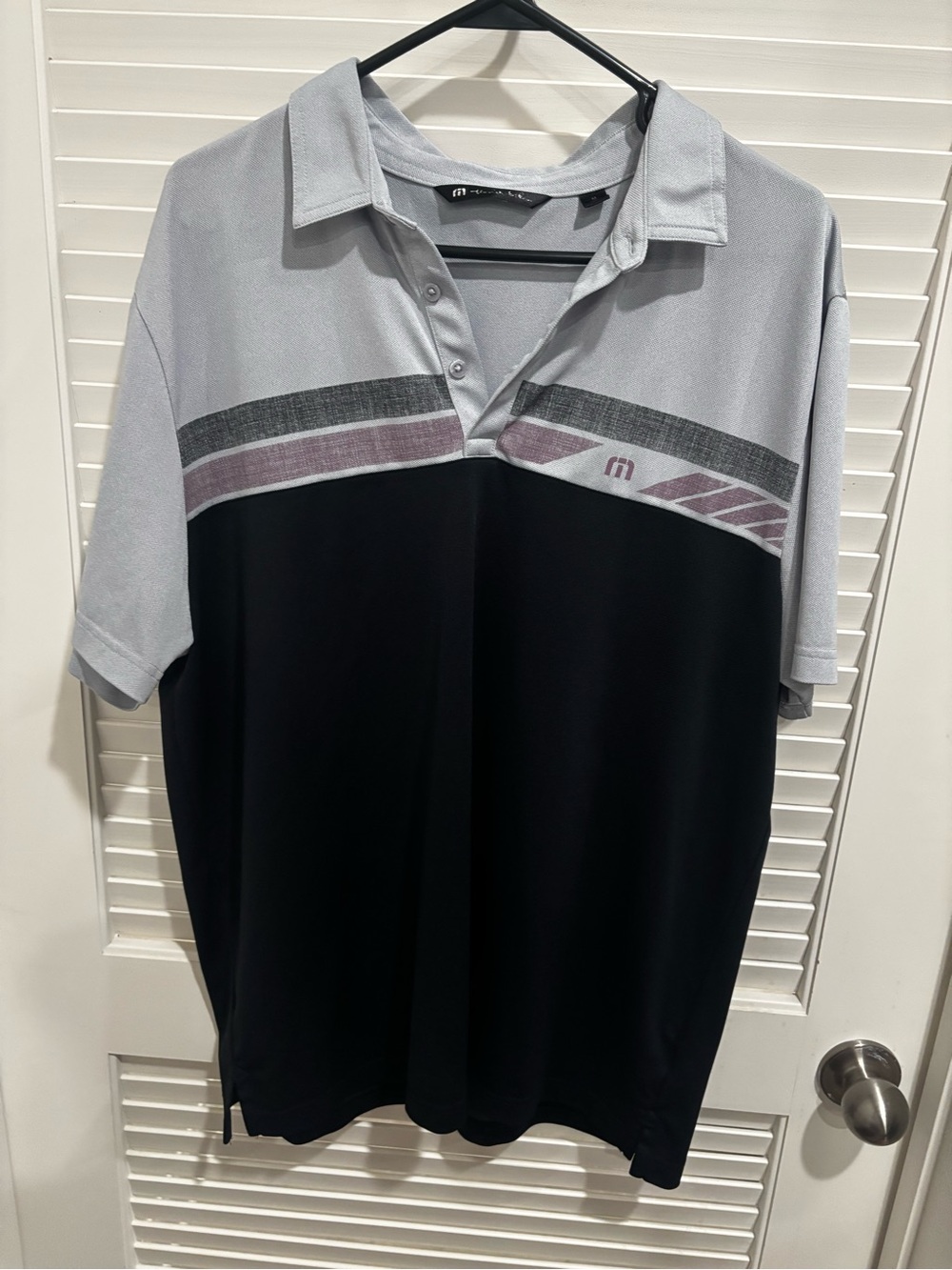 Travis Mathew Light Gray, Black and Mauve Panel Short-Sleeve Polo
